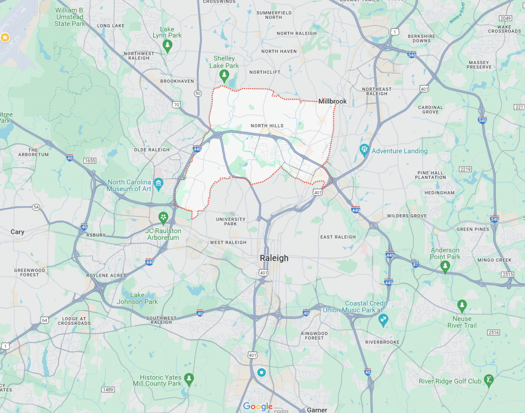 Google map showing the location of North Hills in Raleigh