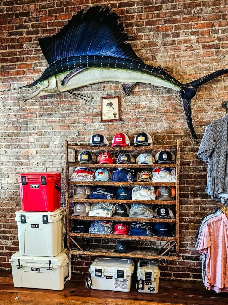 Hats for sale in a clothing store.