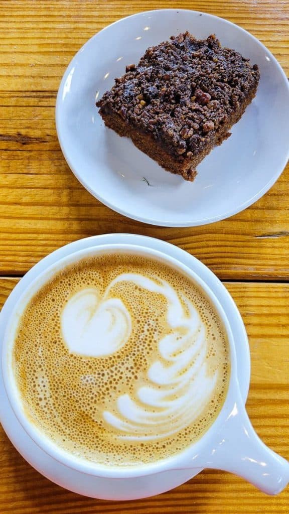 A plate of food and a cup of coffee,