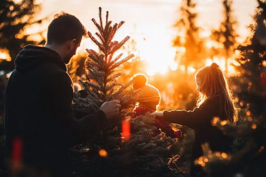 family cutting christmas trees at sunset