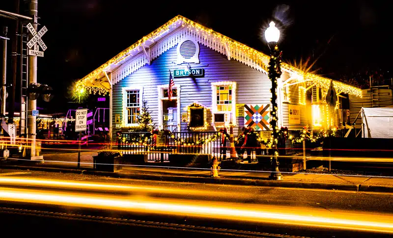 bryson city store wrapped in christmas lights