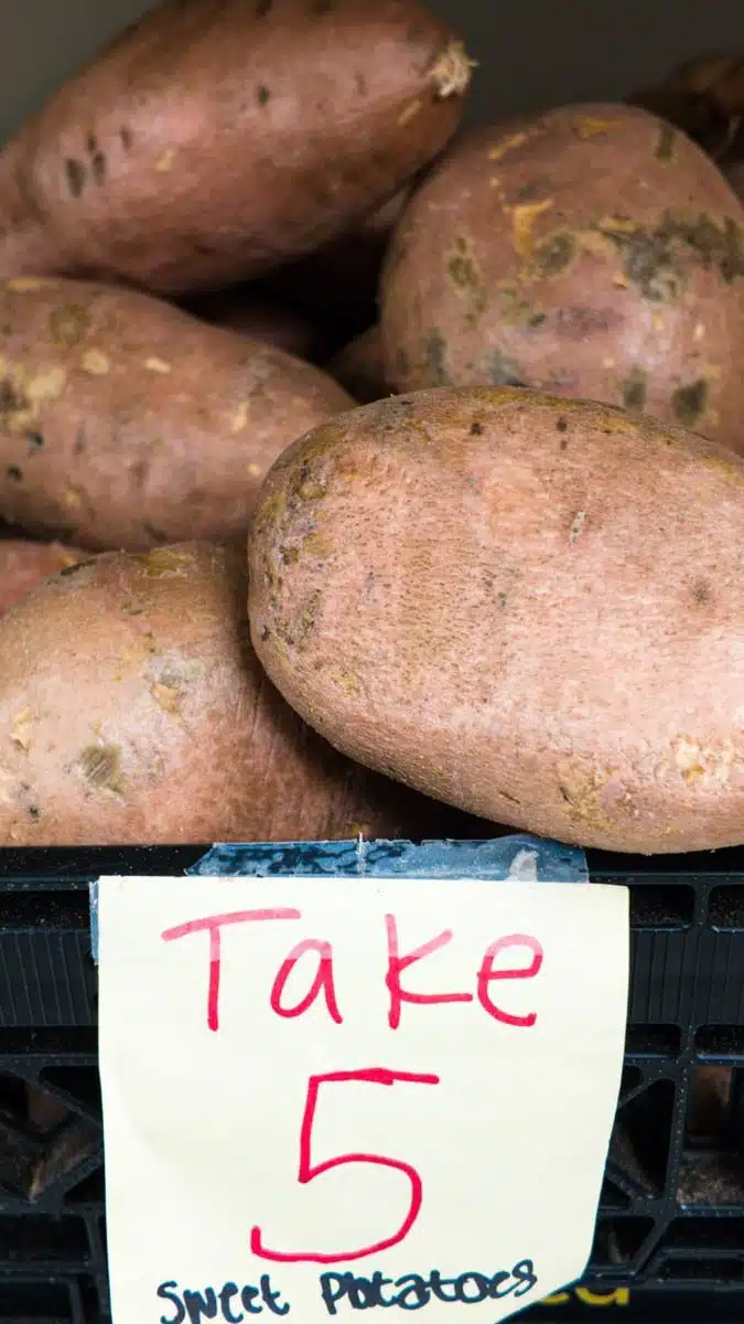 sweet potatoes on shelf at nc state food pantry