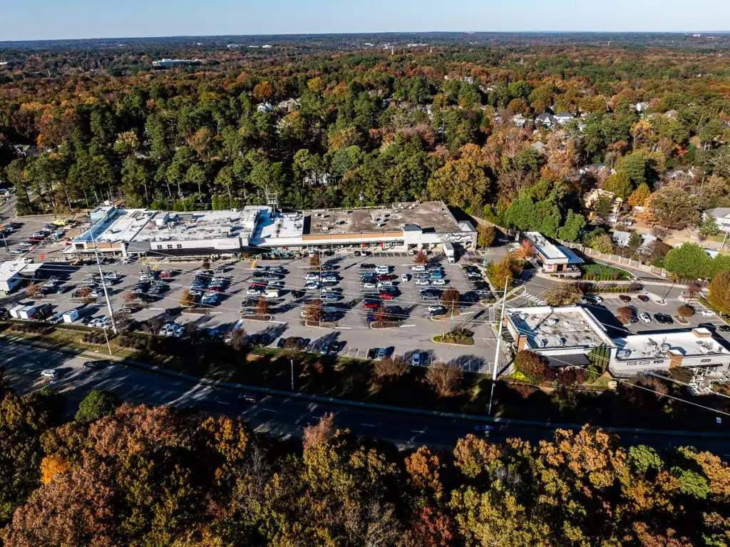 Ridgewood shopping center surrounded by trees.
