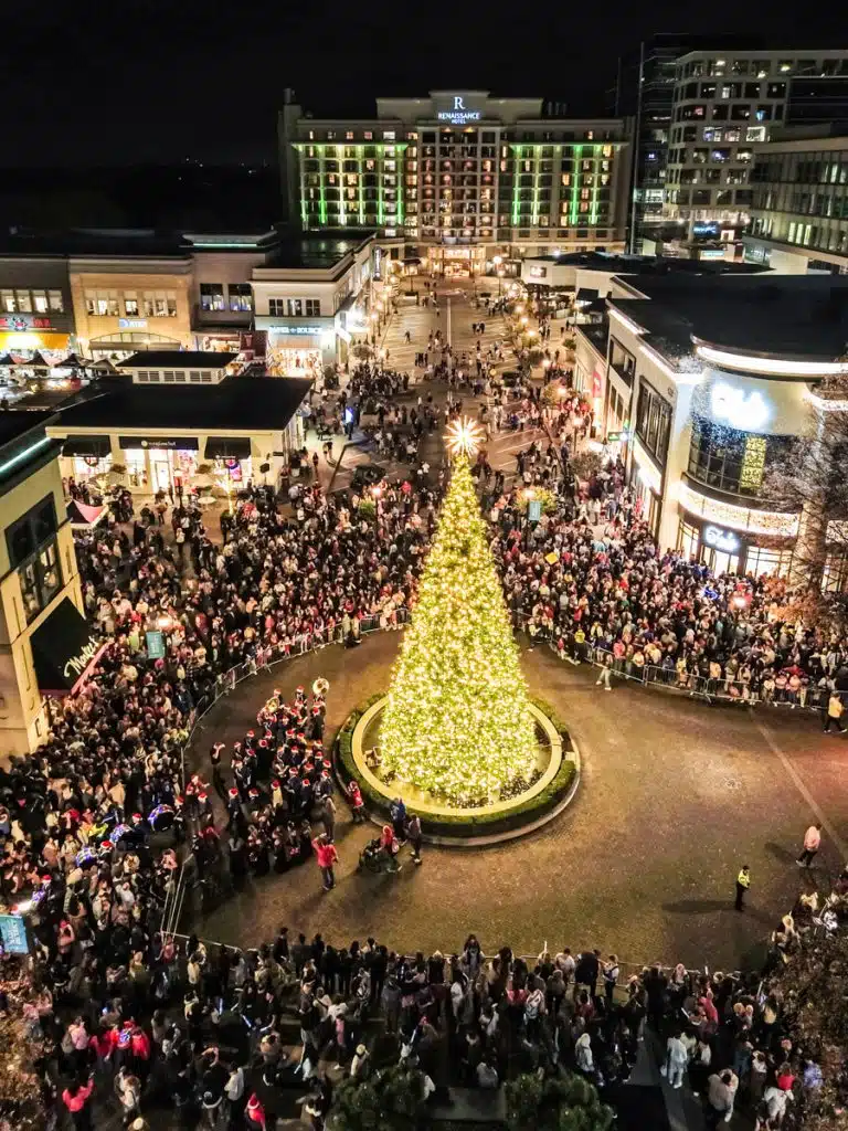 aerial view of north hills christmas tree at night