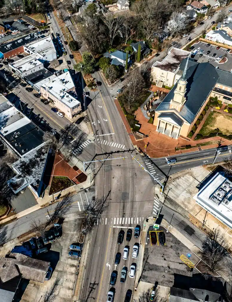 Five Points in Raleigh drone photo.