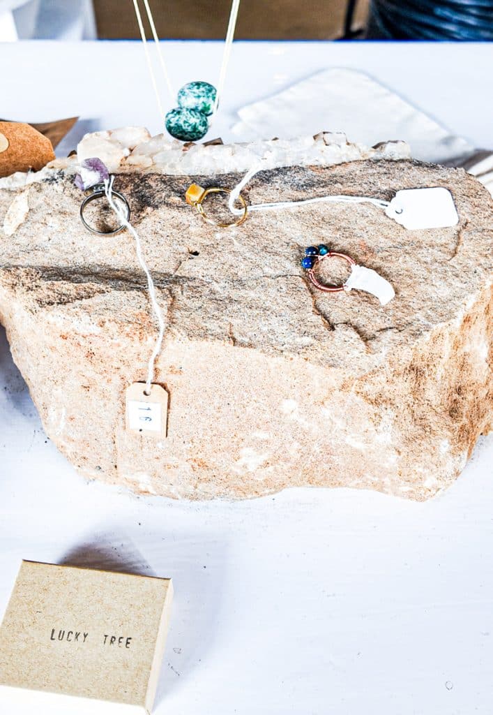 jewelry on a rock display inside lucky tree