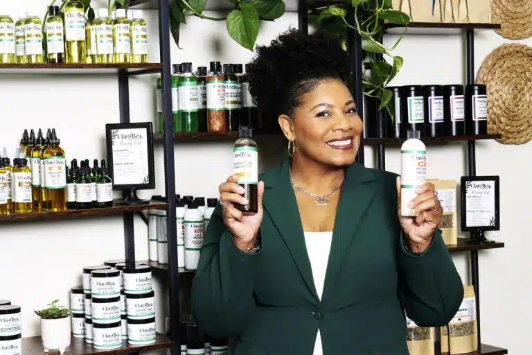 Clara Bea Founder with Products2 768x512