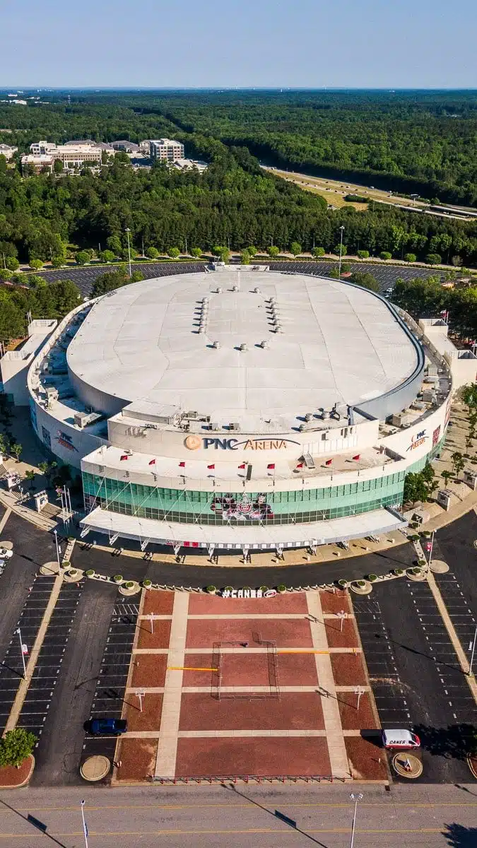 Aerial photo of an indoor hockey arena, PNC Arena in Raleigh, NC