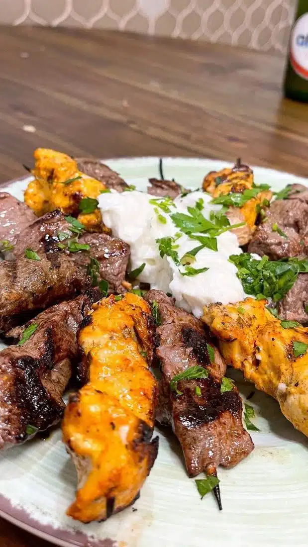 Lamb and chicken kebabs on scewers at Neomonde in Raleigh