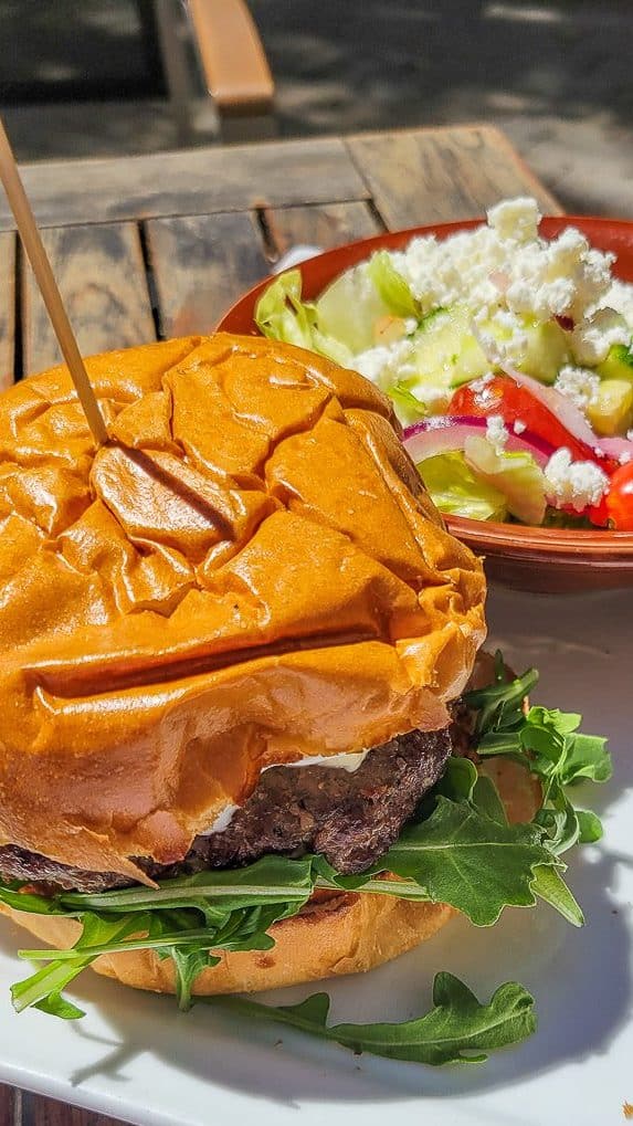 Lamb burger and side dish at Sitti Lebanese restaurant in Raleigh
