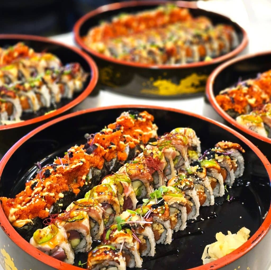 table full of sushi